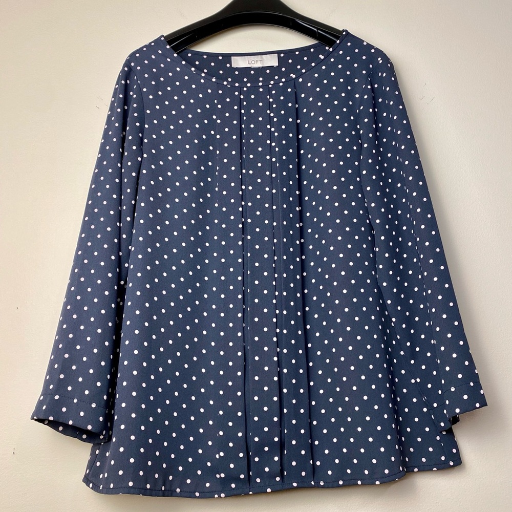 Loft Pleated Blouse - Navy Blue with White Polka Dots